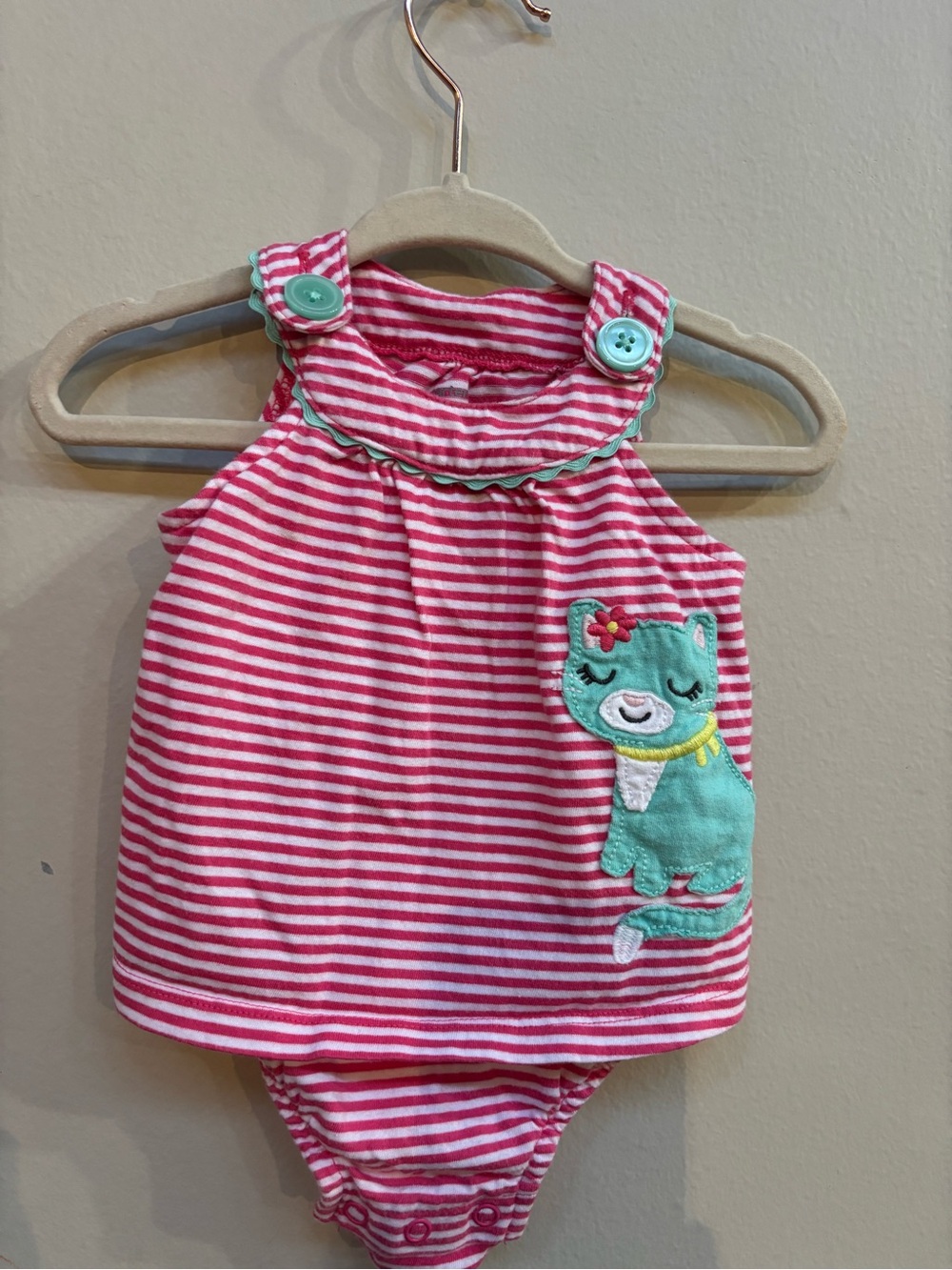 Carter's Pink & White Striped One-Piece with Teal Kitty Applique